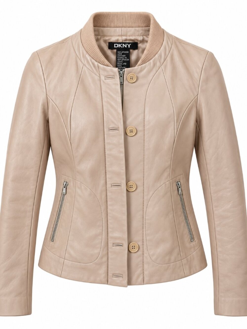 DKNY Nude Blush 100% Lamb Leather Jacket Rib Knit Collar Zip Front Size 8